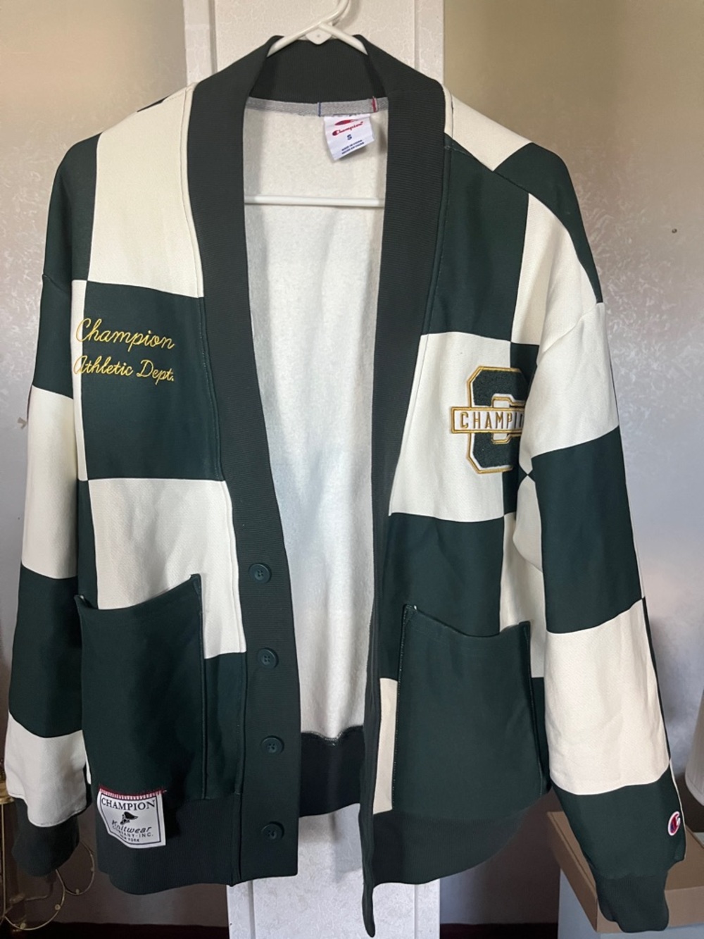 Champion Checkerboard Cardigan Jacket in Dark Green and white